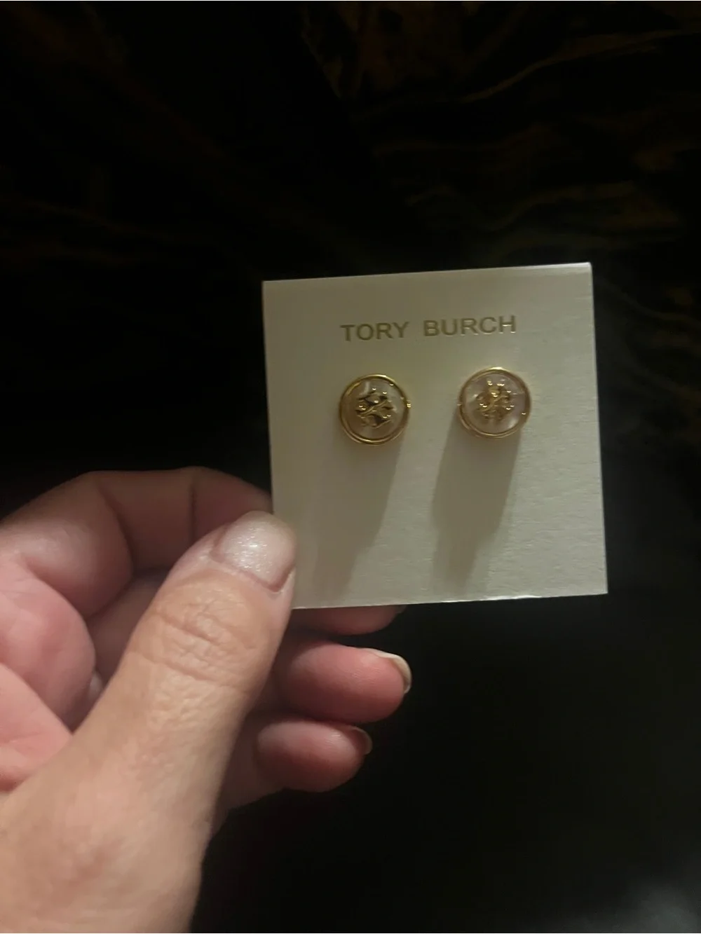 Tory Burch Gold Logo Stud Earrings with Cream Center